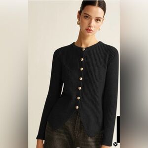 Ribbed Button-Up Sweater with gold buttons. Black. Size Medium. NWT.